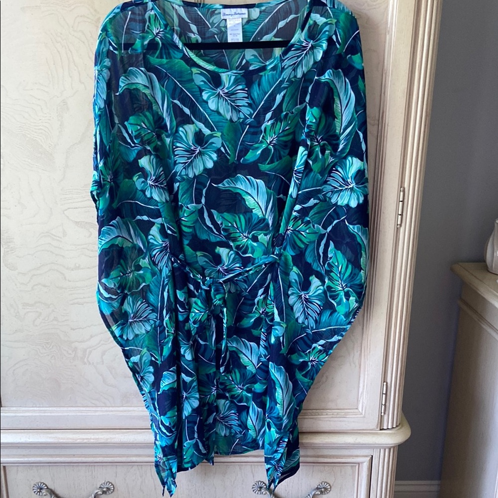 Tommy Bahama Blue and Green Leaf Print Swim Coverup